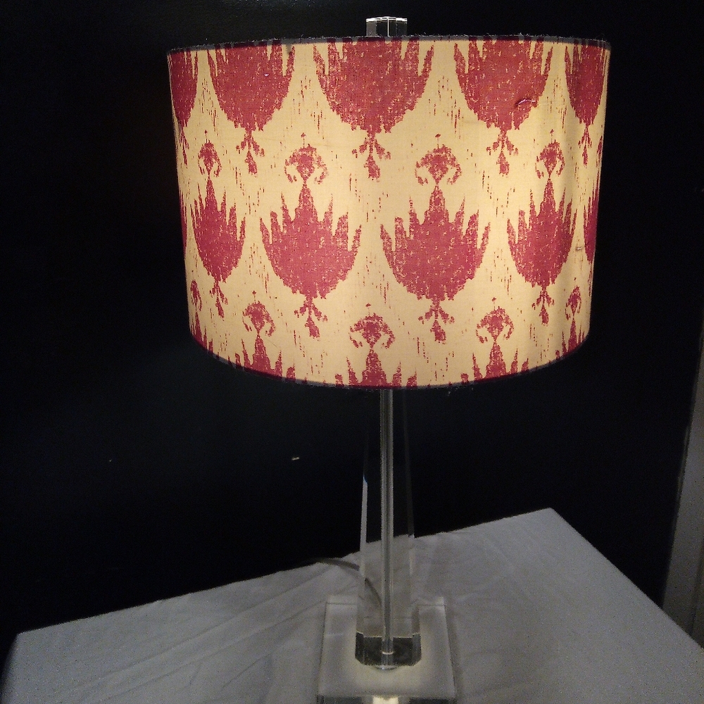 fushia And Cream Round Lamp Shade And Mid Century Cut Crystal Base